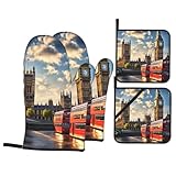 Oven Mitts and Pot Holder Set of 4 Big Ben Oven Gloves with Lanyard Oven Mitt for Kitchen Heat-Resistant Hot Pads BBQ Gloves for Cooking Baking