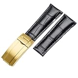 KDEGK 20mm Calf Watch Bands Strap For Rolex Datejust Day Date Genuine Cowhide Leather Straps Watch Bracelet For Daytona Folding Clasp(Black gold)