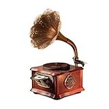 Retro Record Player with Bluetooth, Phonograph and CD Playback, Brass horn with wooden base, FM Radio, Remote Control,Built-in Speaker