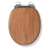 Croydex Rutland Flexi-Fix Soft Close Wooden Toilet Seat - Quick Release Button for Easy Cleaning, Adjustable Hinges with Top and Bottom Fixings, Anti-Bacterial and Heavy Duty Toilet Seat (Solid Oak)