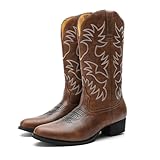 ANUFER Men's Stylish Embroidered Cowboy Boots Western Heel Pointed Toe Slip-On Mid Calf Boots Brown SN071164 UK9