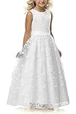 A line Wedding Pageant Lace Flower Girl Dress with Belt 2-12 Year Old (White,10-11Y)