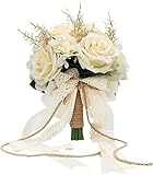 Wedding Bouquets For Bride, Champagne White Rose Bridal Bouquets For Bride With Silk Ribbon, Artificial Flower Bouquet For Wedding, Bridesmaid Bouquets For Valentine's Day Ceremony Church Decor