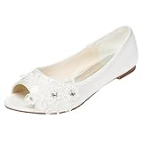 Emily Bridal Wedding Shoes Women's Satin Flat Heel Peep Toe with Crystal Heel Crystal (EU40/UK7, Ivory)