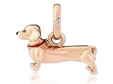 Gemma J Rose Gold Cute Designer Dachshund Dog Charm with Bespoke Red Enamel Collar Feature