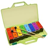 A-Star Colourful Chime Bar Set of 8 Soprano Rainbow Diatonic Glockenspiel Xylophone in Green Hard Case with Two Beaters - C6 to C7