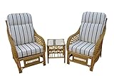 GardenMarketPlace Portofino Cane Conservatory Furniture Duo Set- 2 Chairs and a Side Table- Striped Fabric.