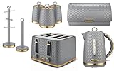 TOWER Empire Grey Kitchen Set Including Jug Kettle, 4 Slice Toaster, Bread Bin, Set of 3 Canisters, Mug Tree & Towel Pole. Art Deco Design Kitchen Set of 8 Items in Grey with Brass Accents