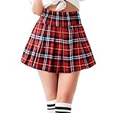 Sahunfri Women Red Tartan Mini Skirt Comfortable and Stylish Pleated Skirts Anti-Sheer Elastic Waist Design Short Skirts