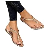 Rhinestone Sandals Women Summer Strappy Open Toe Thong Sandals Comfortable Flat Casual Summer Beach Ladies Shoes Cute Stylish Sliders Holiday Indoor Outdoor