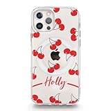 Personalised Phone Case For Apple iPhones, 16, 15, 14, 13, SE Pro Max, Mini, Plus, Samsung S23, S24, S25 Gel Case Compatible with MagSafe, Red Cherry Print with Red Name/Initials on Clear Case