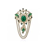 Vintage Emerald Green Crystal Tassel Brooch – 7.8cm Antique Gold Drop Pin with Pearl & Rhinestone Accents, Lightweight Alloy Lapel Jewellery for Women’s Dresses & Suits