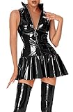 FEOYA Women's Sleeveless Stretch Dress Wet Look Club Nightwear Bodycon Mini Dresses High Neck Zip Up Front Black L