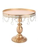Antique Cake Stands with Crystals Hanging Bead, Round Metal Plate Holder for Dessert Cupcake|Ideal for Wedding Birthday Party Cakes Pedestal Display Stand (Gold, L)