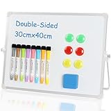Dry Erase Small Whiteboard A3, 40 x 30 cm Double Sided Magnetic Desktop White Board with Stand, 8 Pens, 1 Eraser, 6 Magnet, 1 Pen Clip, Portable Writing Easel for Drawing, Planning, to Do List, Memo