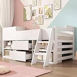 ANIROY Mid Sleeper Bed with Storage and Shelf, 3ft Children's Wooden Cabin Frame with Drawers and Ladder, Low Sleeper Single Bed for Kids, without Mattress, Frame Only, 90 x 190cm, White