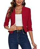 MINTLIMIT Ladies Jackets 3/4 Ruched Sleeve Elegant Womens Cropped Blazers Jacket Open Front Suit(Red M)