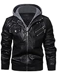 HOOD CREW Men’s PU Faux Leather Motorcycle Bomber Jacket With a Removable Hood Black M