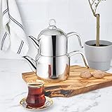 Karaca Manes Medium Turkish Teapot Set - Stainless Steel Teapot with Lid - (Turkish Tea Pot 1.35 Liters & Water Tank 1.95 Liters) - Non-Burning Bakelite Handles Midi Tea Maker & Induction Tea Kettle
