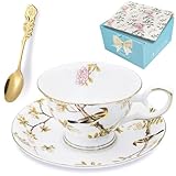 Tea Cups and Saucers, 6.7 OZ Floral bone china Coffee Cup Set with Spoon, Vintage Garden Teacups with Gold Trim, Tea Cups in a Reusable Handmade Gift Box with Ribbon elegant design ﻿ (Camellia flower)