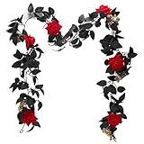 PH PandaHall 5.7ft Artificial Black Rose Vine, Halloween Red Flower Vine Garland Floral Wall Hanging Ornament Garland with Golden Berries Black Leaves for Table Centerpiece Room Mirror Halloween Decor