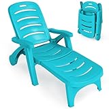 COSTWAY Folding Sunlounger with Wheels, 5-Position Adjustable Outdoor Deck Chair Furniture, Garden Beach Patio Pool Lounger Recliner Seat (Turquoise)