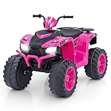 GYMAX Kids Electric Quad Bike, 24V Battery Powered Toy Car with Wireless Connection, USB, Music, Radio, Lights, Soft Start, Forward and Backward, Children Ride on ATV for 3-8 Years Old (Pink)