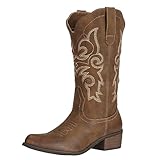 J's.o.l.e Ladies Cowgirl Cowboy Boots for Women Leather Mid Wide Calf Country Riding Western Brown Wedding Shoes UK Size 6