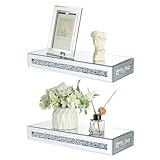 BTSKY 2pcs Rectangular Glass Mirrored with Crushed Diamonds Floating Shelves - Wall Mounted Tabletop Display Holder Rack Stand Shelf, Decorative Storage Shelves, 38 * 15 * 5.8cm