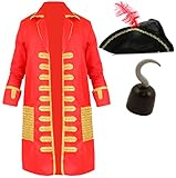 Adults Captain Hook Costume - Standard - Red and Gold Pirate Coat, Black Pirate Hat with Feather and Plastic Hook Hand - Adults TV/Film World Book Day Fancy Dress Costume