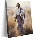 Framed Jesus and Lamb Canvas Wall Art Jesus Christ The Good Shepherd Picture Prints God Faith Poster Artwork Christian Home Bedroom Decoration 16x24in