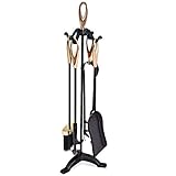 COSTWAY 5 Piece Fire Tools Set, Iron Fireplace Fireside Companion Brush, Poker, Shovel and Tong (Brass + Black)