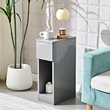 Slim Bedside Table Bedroom Nightstand with Open Shelf & Drawer, Narrow End Table Sofa Side Table for Living Room, Compact Wooden Lamp Table Telephone Table for Home Office, High Gloss Grey
