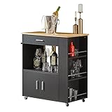 SoBuy Kitchen Island on Wheels with Storage Trolley Drawer Shelves and Cupboard - Butcher Block Style Kitchen Cart - Black Wood Effect, 82x46x88cm, FKW113-WN
