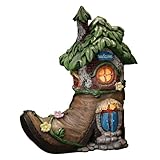 TERESA'S COLLECTIONS Boot Fairy House Garden Statues with Solar Outdoor Light for Garden Decor, Resin Fairy Garden Accessories Outdoor, Home Decorations Lawn Ornaments Yard Decor Gifts for Mom, 6"