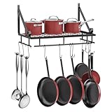 XEMQENER Wall Hanging Pan Pot Rack with 10pcs Removable Hooks, 45cm Wall Shelf with Towel Bar, Kitchen Bathroom Utensils Organizer, Hanging Shelving (45 * 24 * 25cm)