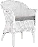 korb.outlet Rattan Dining Chair Natural Rattan Wicker Armrests Conservatory Lounge Chair Country House (White with Cushion)
