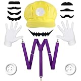 iZoeL Yellow MARIO Costume Halloween Fancy Dress Costume– Yellow Cap, Purple Suspenders, White Gloves, Buttons & Stick-On Moustaches – Halloween Costumes Men Women Kids Adults & Teens