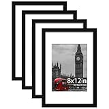 Tinkeps 4 Pack 12x8 Black Picture Frame, Engineered Wood and Plexiglass, 8x12 Photo Frame with Mount for 6x8 inch Prints, Photos, and Posters, Tabletop and Wall Mountable, 12x8 Photo Frame