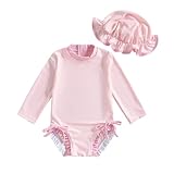 Vioyavo Newborn Toddler Girls Rash Guard Swimsuit Striped Print Long Sleeve Back Zipper Romper Cute Hat Swimwear Bathing Suit (Pink, 3-6 Months)