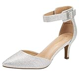DREAM PAIRS Womens Court Shoes Pointed Toe Low Kitten Heel Ladies Pumps Ankle Strap Dress Sandals,Size 9,Silver/Glitter,LOWPOINTED