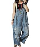 YESNO Women Casual Baggy Dungarees Wide Leg Denim Overalls Distressed Boyfriend Jumpsuits Loose Fit with Pockets S P49UK Blue