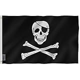 Anley Fly Breeze 3x5 Foot Jolly Roger Flag with Patch - Vivid Color and UV Fade Resistant - Canvas Header and Double Stitched - Pirate Flags Polyester with Brass Grommets 3 X 5 Ft