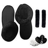 KASESSS Insoles for Crocs Clogs Replacement, Shoes Warm Liner Clogs, Fur Insoles Soft Fuzzy with Shoelace Cover, Black Fur Insert Lining Shoe Inner for Shoes Clogs Removable Insole Inside Length 240mm
