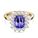 TJC 9K Yellow Gold AAA Tanzanite Halo Ring – Cushion Cut Gemstone with Moissanite Accents – Classic Fine Jewelry – Size P