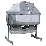 Next to me Crib, 3-in-1 Moses Basket, Adjustable Height Bedside Crib with Wheels, Easy Folding Cot Bed with Mattress, Breathable Mesh Window, Newborn Sleeper for Birth to 20kg