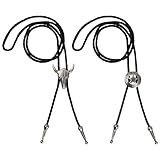 Nivofu Vintage Bolo Tie, 2Pcs Leather Necktie, Western Cowboy Tie, Cow Skull, Texas Ranger Star, Necklace, Costume Accessories, Black Vintage Pendant, for Women & Men
