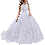 NNJXD Girls Lace Tulle Embroidered Princess Prom Ball Gown Formal Party Long Tail Dresses 406 White Size(150) 10-11 Years