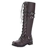 Womens Knee High Boots Retro Punk Mid Calf Lace Up Leather Biker Boots with Buckles Zipper Ladies Vintage Gothic Low Heels Army Military Boots Fashion Long Combat Walking Riding Boots Brown