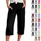 Cropped Trousers for Women Linen Summer Loose Petite Hiking Shorts Drawstring Elasticated Waist 3/4 Length Joggers Baggy Wide Leg Pants Ladies Casual Trouser with Pockets (A1-Black, 3XL)